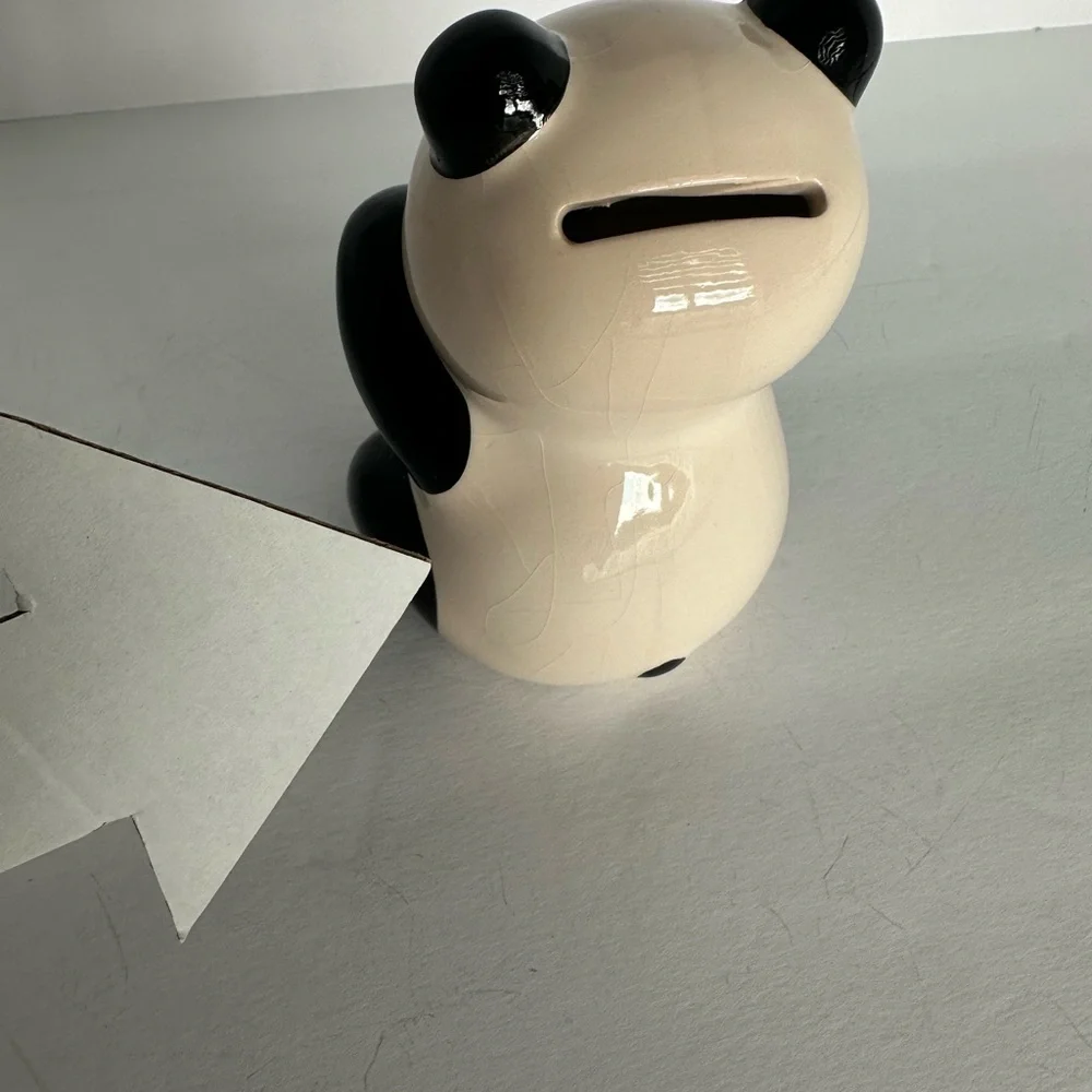 Daiso Panda Ceramic Sitting Bamboo Eating Piggy Bank Coin bank 4.5” h Figurine